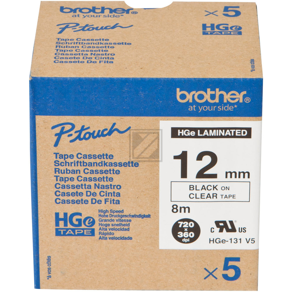 HGE131V5 BROTHER PT Schriftband (5) 12mm klar schwarz 5x8 Meter laminiert