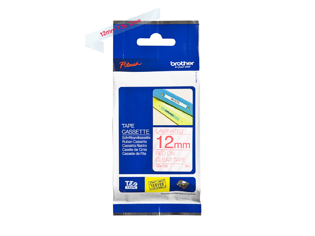 TZE132 BROTHER PTOUCH 12mm KLAR-ROT Schriftband 8m laminiert